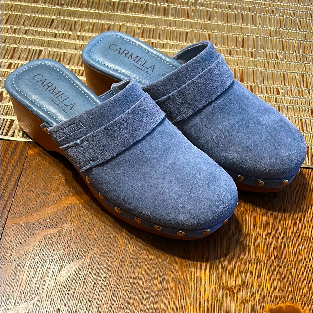 Carmela Blue Suede Clogs Wooden Soles Euro Size 38 Adorable!